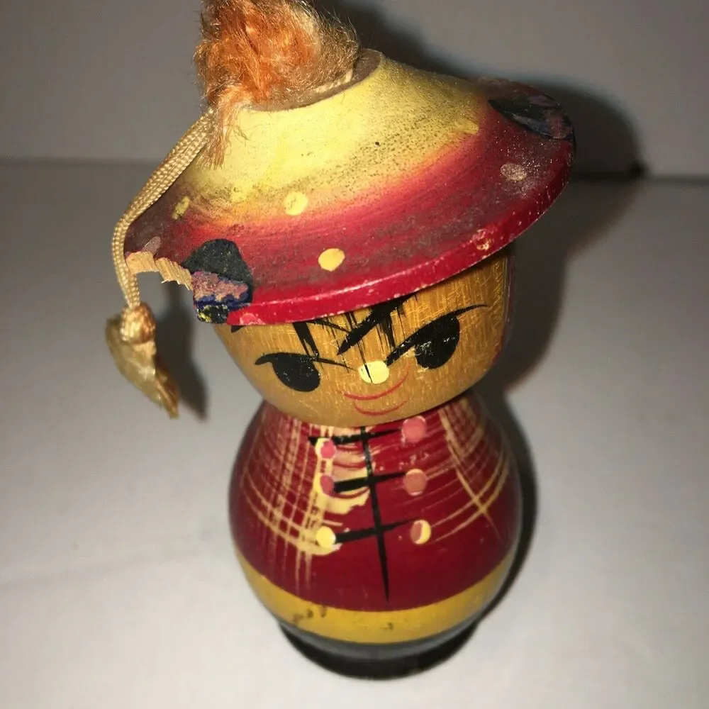 Set Of 3 Vintage Kokeshi Japanese Wood Bobble Head Dolls
